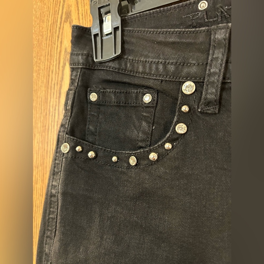 Platinum Plush Rhinestone Embellished Studded Black Biker Angel Jeans - Picture 2 of 10